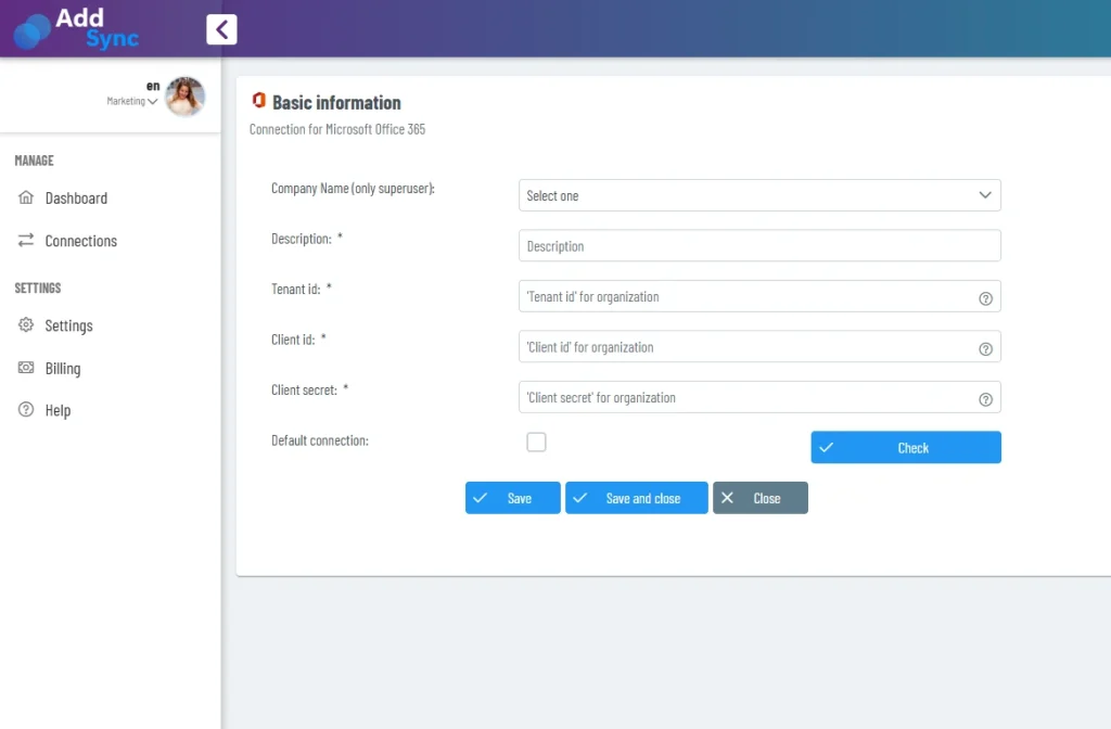 UI form for Office 365 connection with fields: company name, description, tenant id, client id, client secret, and Save buttons; left navigation panel visible.